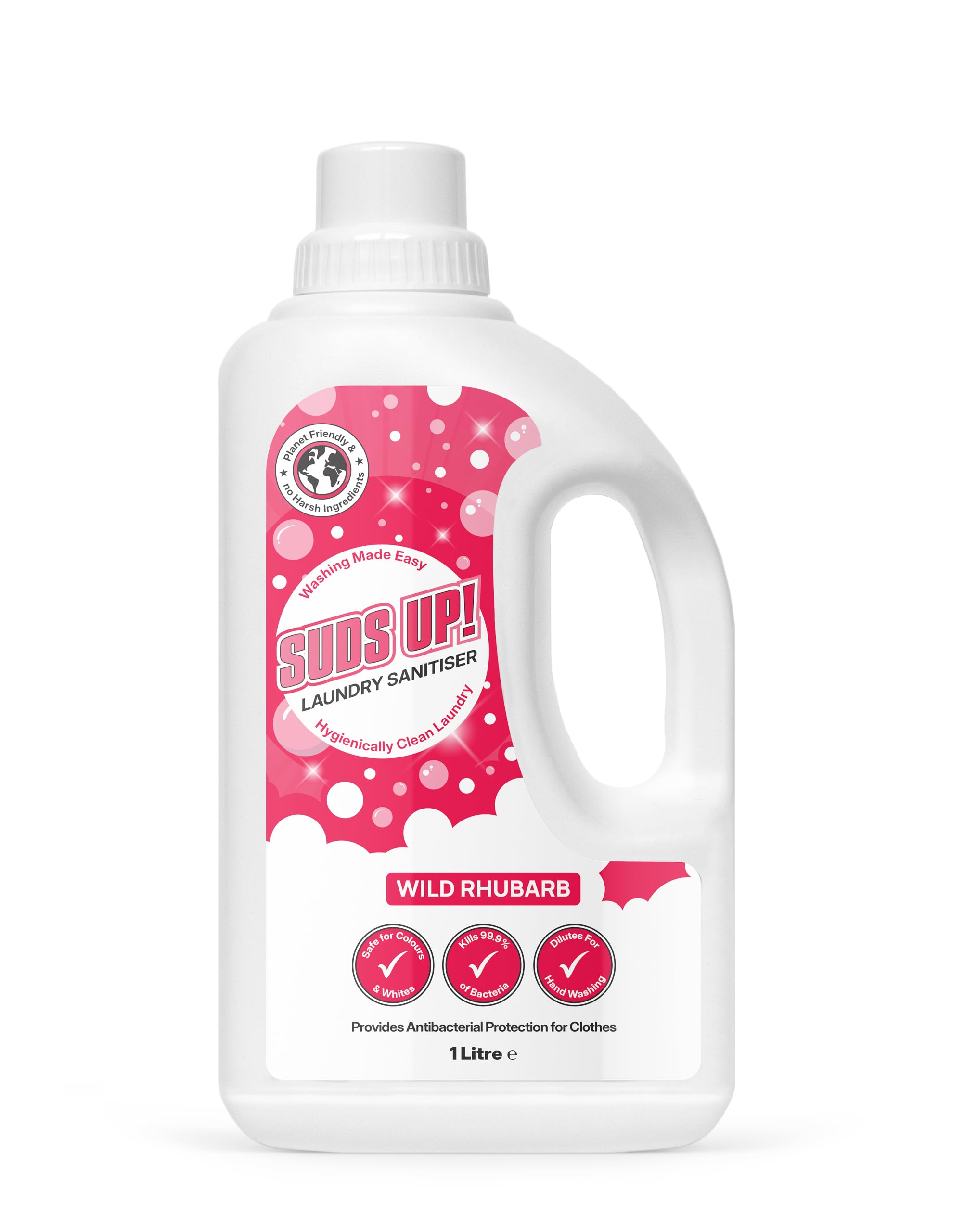 Suds Up! – Laundry Sanitiser 1L Rhubarb – Antibacterial Fabric Disinfectant Kills 99.9% of Bacteria – Use with Detergent or for Hand Washing