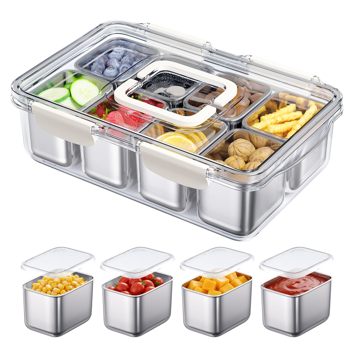 Photo 1 of ***MISSING PARTS***
***DAMAGED - SEE NOTES/PICTURES***
Snackle Box Container, 304 Stainless Steel Divided Serving Tray with Lid and Handle, Portable 8 Compartments Veggie Tray for Fruits,Veggies,Nuts &Candy, Dishwasher Safe for Travel,Picnic,Beach&Parties