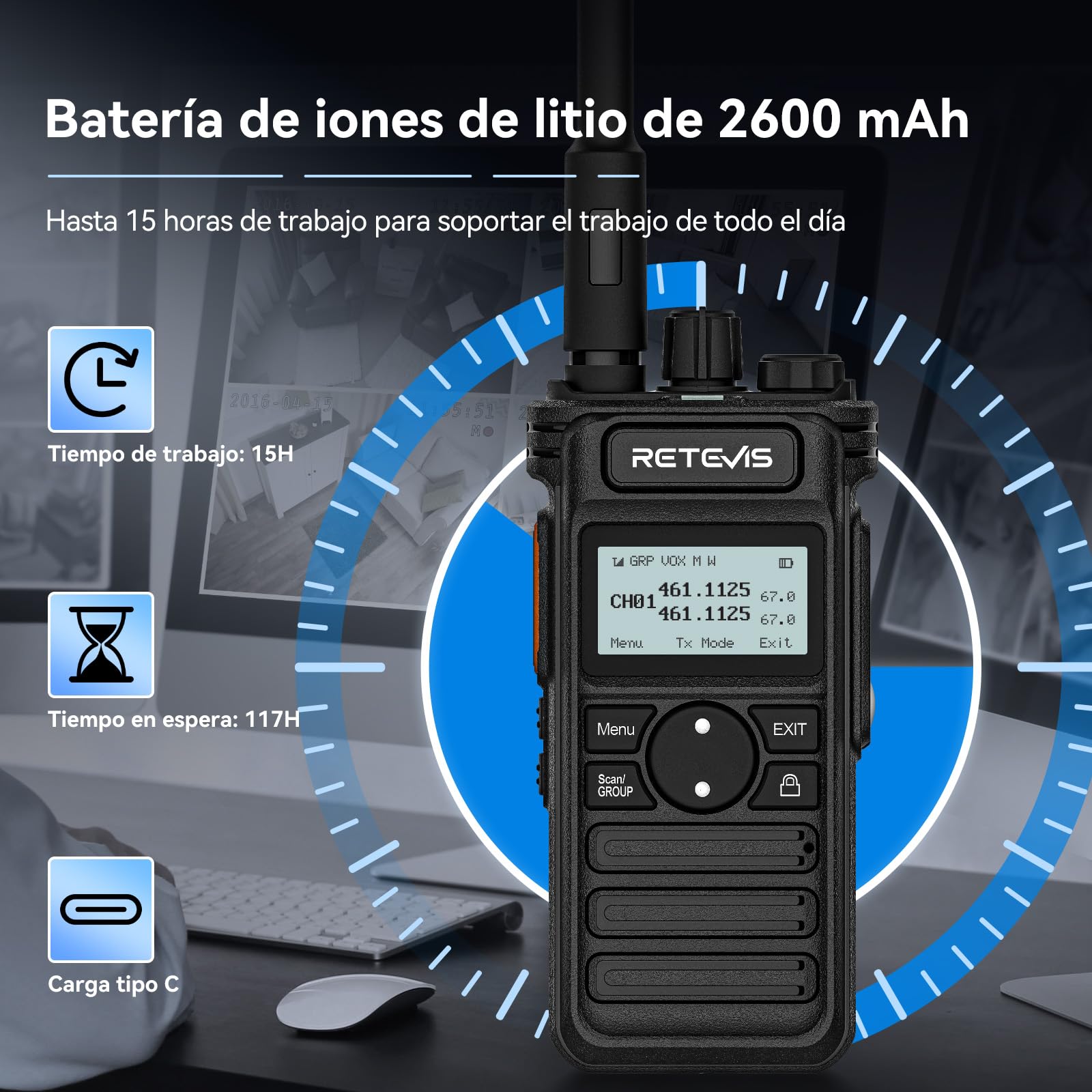 Retevis RT86S Walkie Talkie Profesional, Walkie Talkie para Almacenes | Walkie Talkie Bateria Recargable con Micrófono, Tipo C, Pantalla LCD, 2600 mAh para Construcción, Almacenes, Negro, 2 Piezas