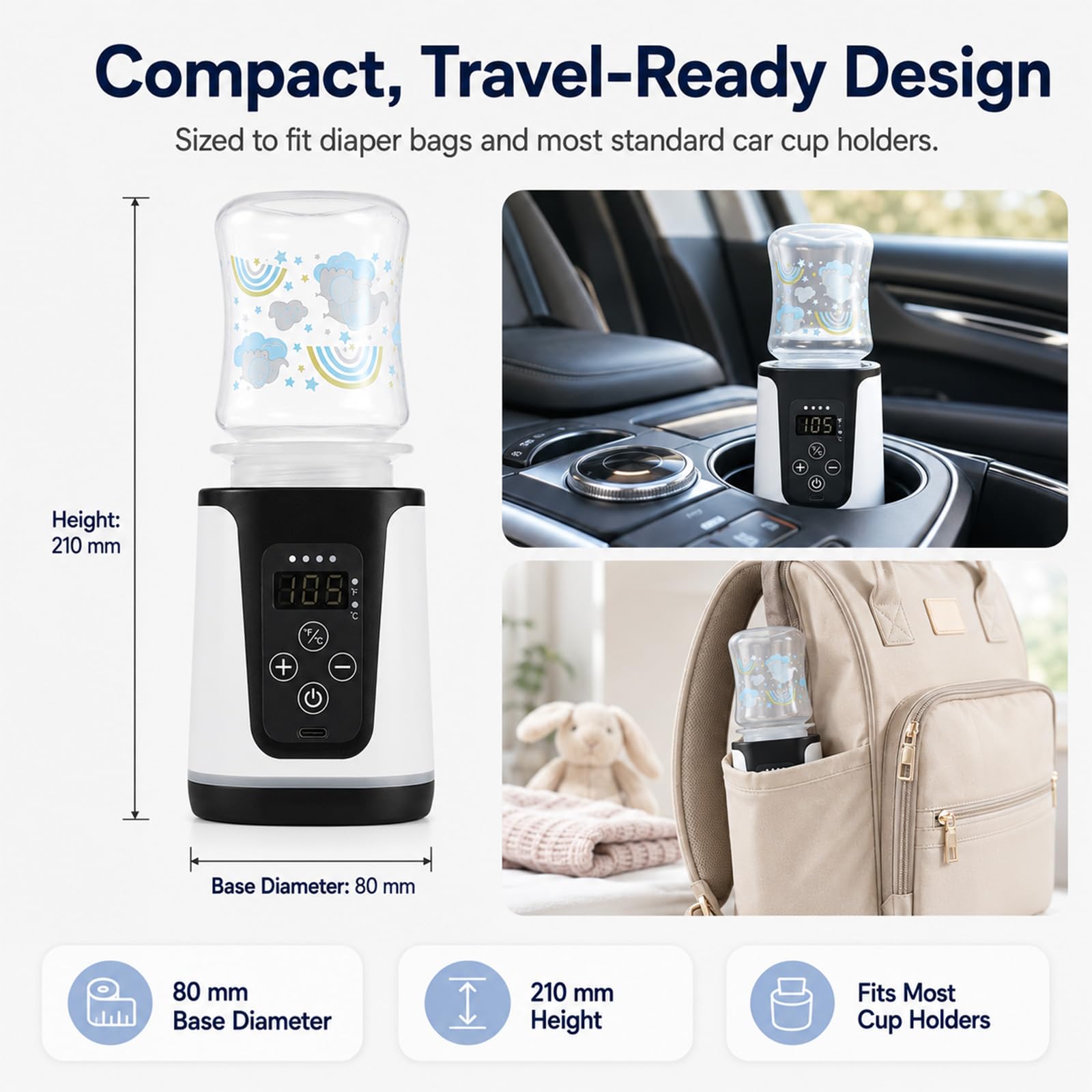 Chauffe-biberon portable – Deux modes de chauffage pour le lait maternel et l'eau de préparation, jusqu'à 15 réchauffements en déplacement, chauffage rapide sans fil, écran LED intelligent température