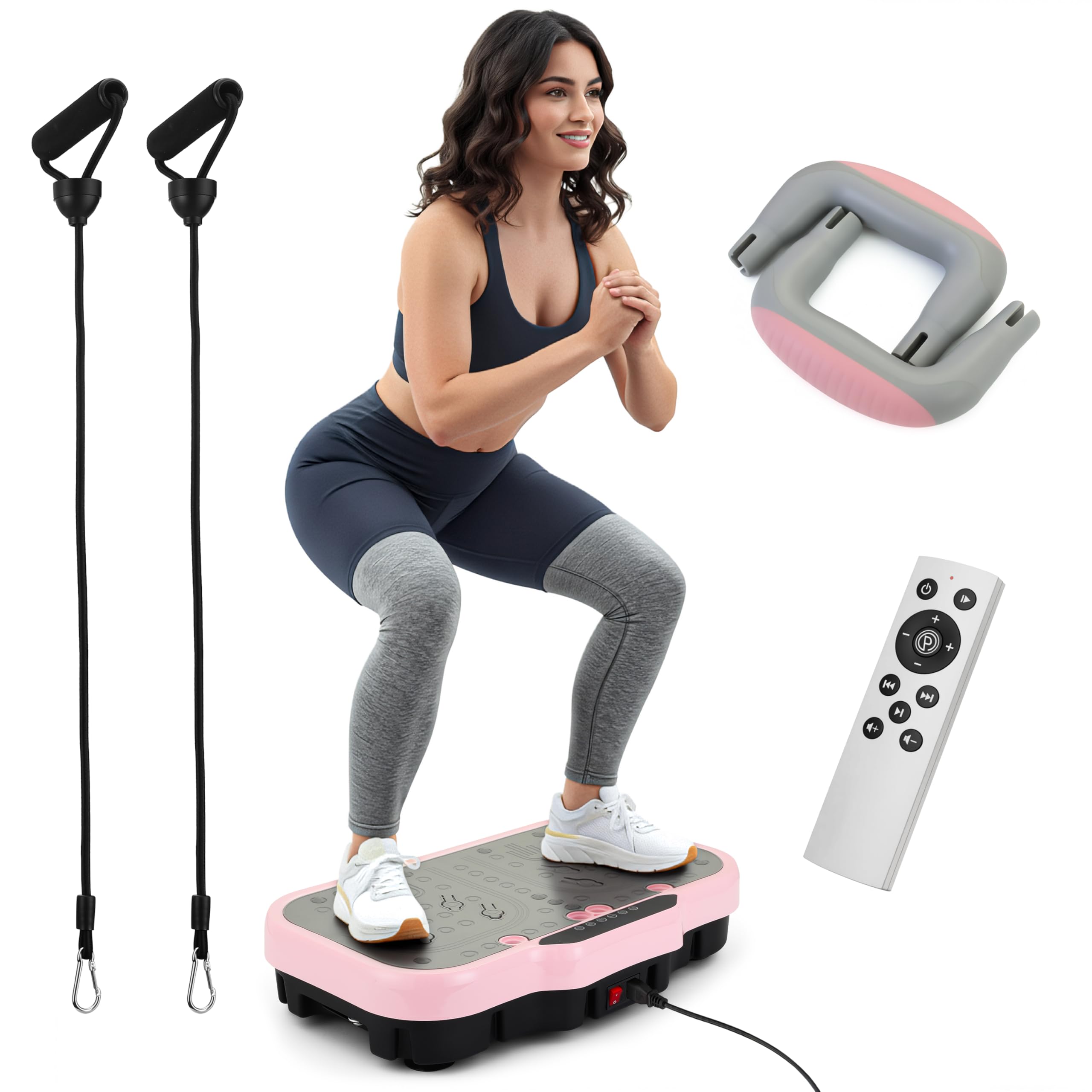 Vibrationsplatte für Körpertraining & Fußmassage mit Liegestützgriffen - Massagegerät mit 200 Stufen, Bluetooth & LED Display, Balance Board incl. Fernbedienung & Bändern für Fitness