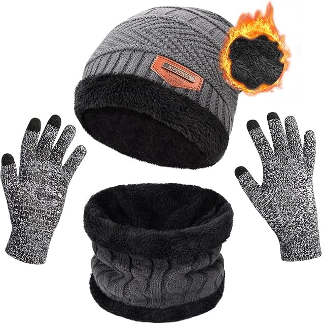 Petrunup Beanie Hat and Scarf Set Unisex, Mens Winter Slouch Hat Knit Gloves and Ski Neck Warmer with Fleece Lining for Women