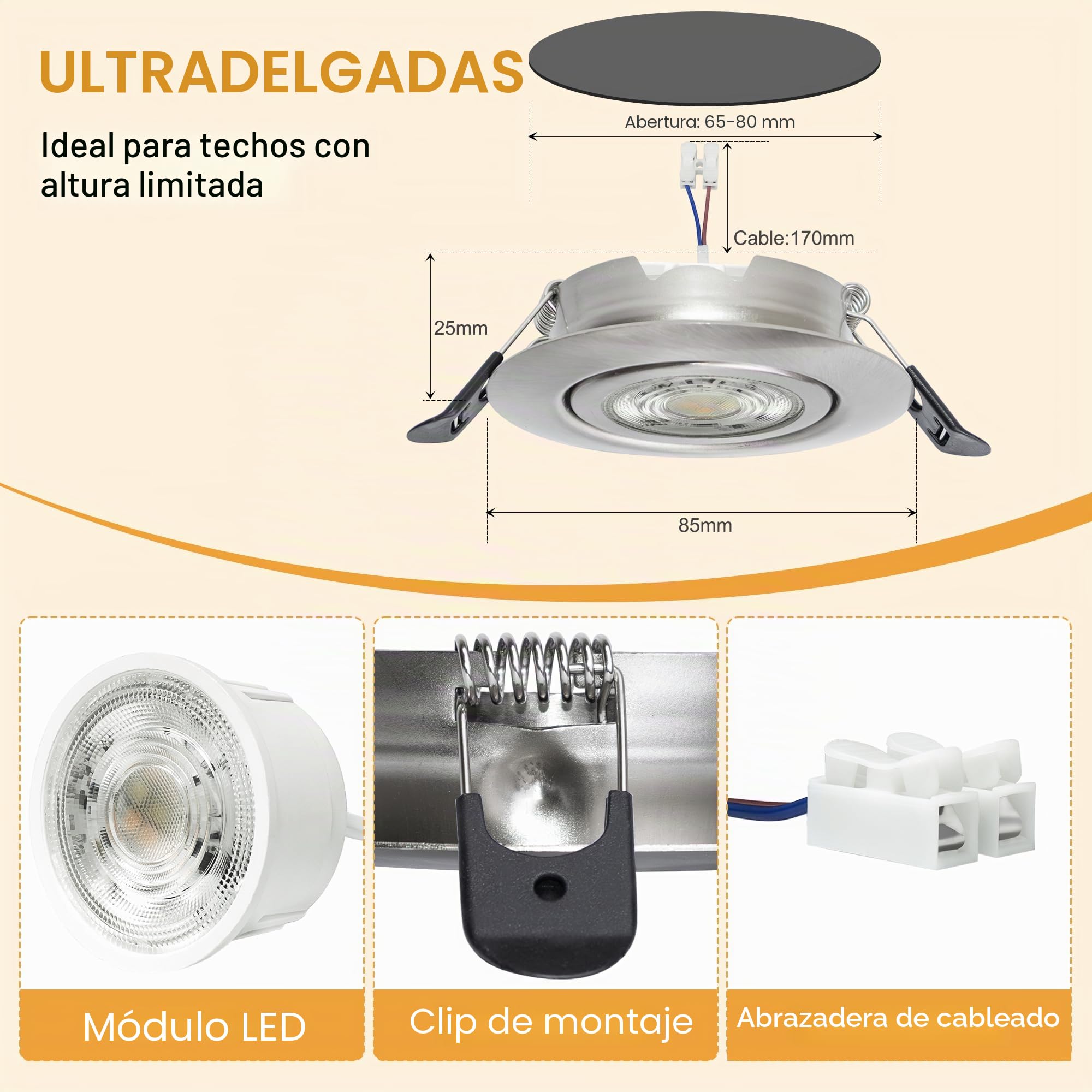 3CCT Downlight LED Techo Empotrable 230V Regulable 68mm 5.5W IP44 Ojos de Buey Extraplano Focos LED Interior Techo 45° Giratorio Foco Empotrable para Baños, Níquel 6 Pack