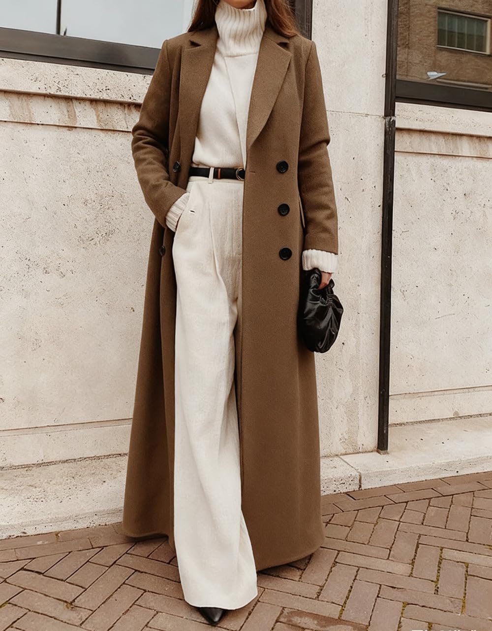 Langer Wollmantel für Damen, Khakifarben, Doppelreihiger Blazer mit Fallendem Revers, Herbst Winter, Wollmischung, Eleganter Maxi Mantel, Stilvoller, Eleganter Arbeitsmantel mit Tasche
