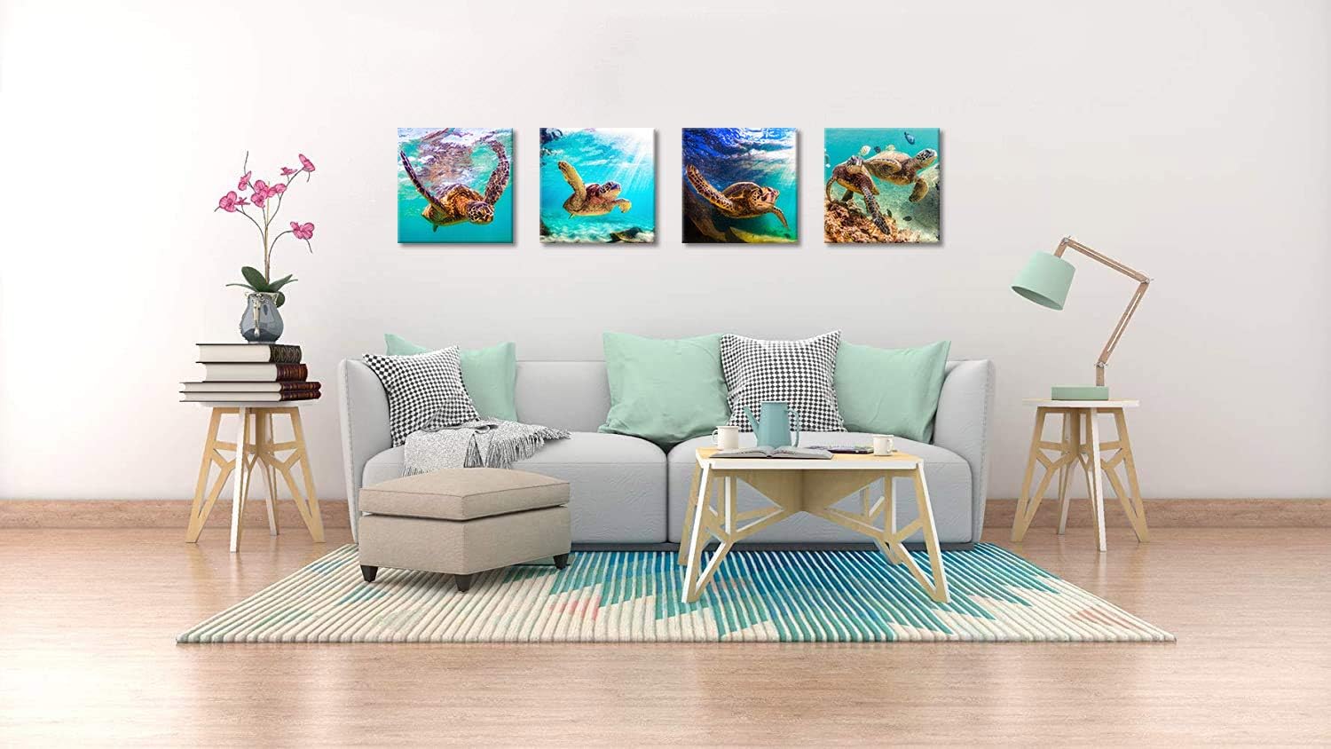 ArtHome520 Turquoise Sea Ocean Sea Turtle Pictures Home Decor Canvas Print Wall Art for Living Dining Room Decorations Modern Framed Ready to Hang 4 Panel (20''x20''x4pcs)