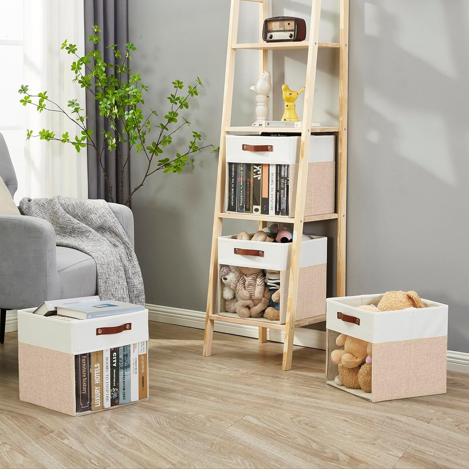 Bagnizer 4er Pack Große Faltbare Leinen Aufbewahrungsbox mit Sichtfenster | 33 × 38 × 33 cm, Faltbox mit 2 Griffen, Kallax Boxen, für Kleiderschrank und Regal, Kleidung, Spielzeug, Bücher, Beige & Weiß