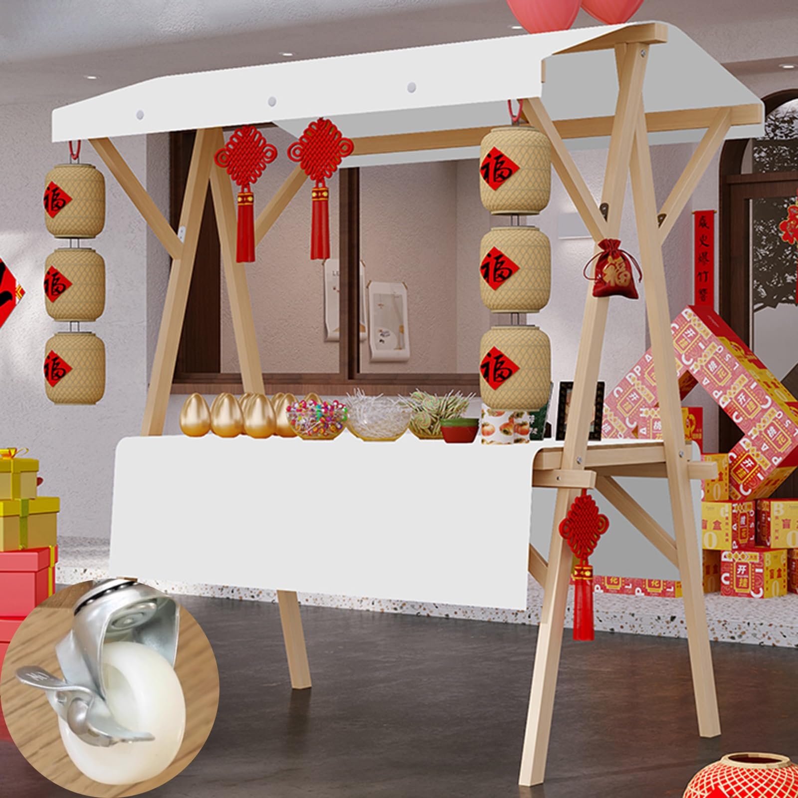 Carrello per gelato in legno colorato con ruote, 120 cm, carrello alimentare per bambini, perfetto per il mercato degli agricoltori e giochi all'aperto, divertente giocattolo per gelato