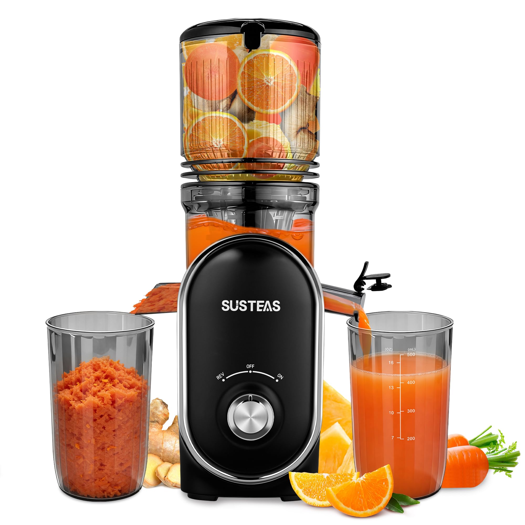 SUSTEAS Cold Press Juicer, 300W, 5.3" Large Feed Chute, 1.5L Capacity, Automatic Feeding, High Yield, Easy to Clean, Ideal for Whole Fruits & Vegetables, Black