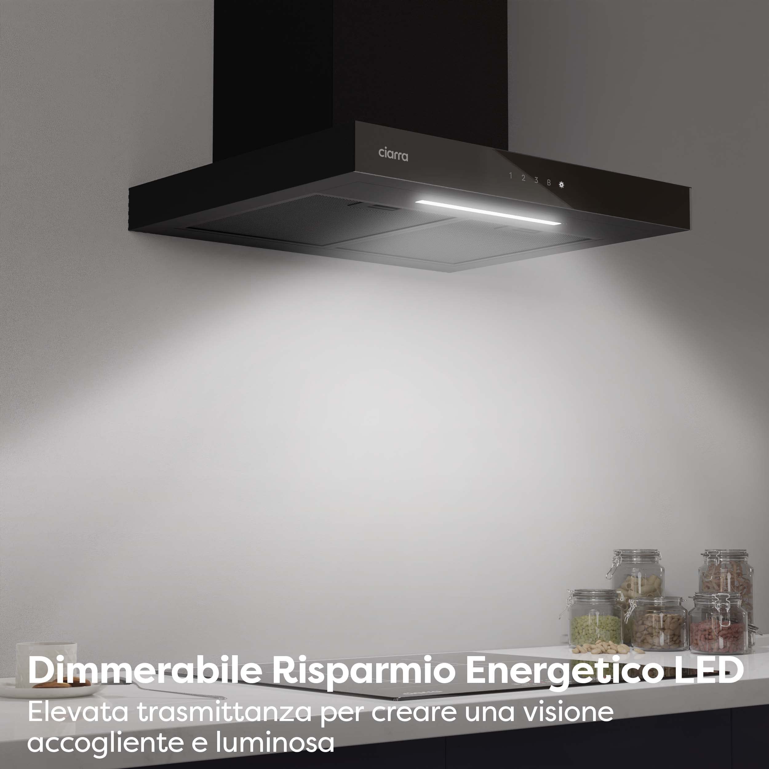 CIARRA CBCB6102 Classe A+++ Cappa Aspirante 60cm - Comandi Touch - 650m3/h - 4 Velocità e Funzione Booster - con Filtro Carbone - Display Digitale - Riciclaggio o Evacuazione - Nero