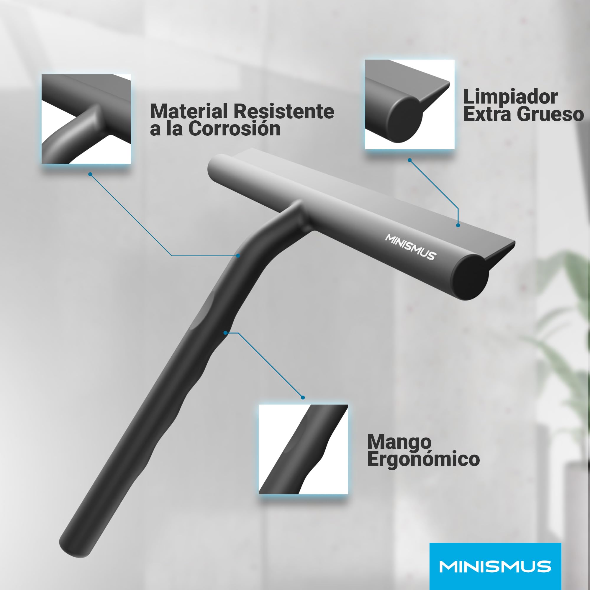 MINISMUS Rasqueta Limpiacristales Ducha - Silicona Limpia Cristales con Gancho - Limpiamamparas de Baño Espejos Limpia Vidrios Limpiar Ventanas, Mampara, Parabrisas - 21 cm, Negro