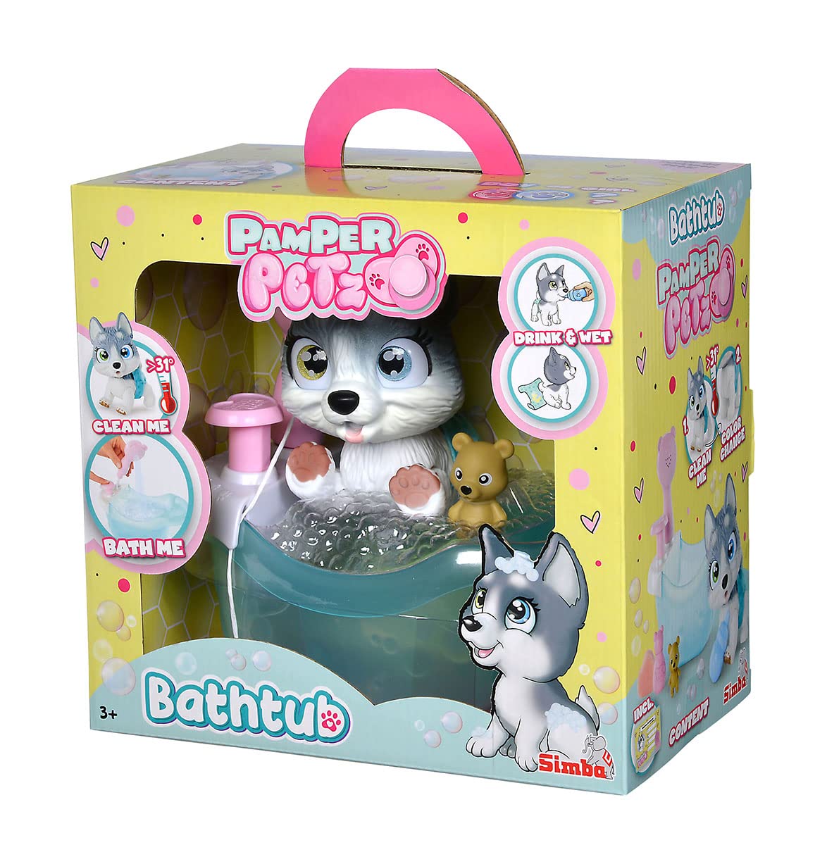 Simba 105953560 - Pamper Petz Husky z wanną, z funkcją pompowania, butelka do picia, butelka z pianki, spryskiwacz wody, 25 cm zabawka dla psa, od 3 lat