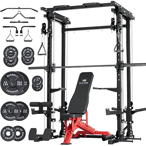 MAJOR FITNESS Drone3 Smith Machine, 2500lbs All-in-One Home Gym Power Rack with Dual Pulley System for Cable Crossover, Pull-Up Bars, T-Bar & Squat Station, Heavy-Duty Full-Body Workout Equipment