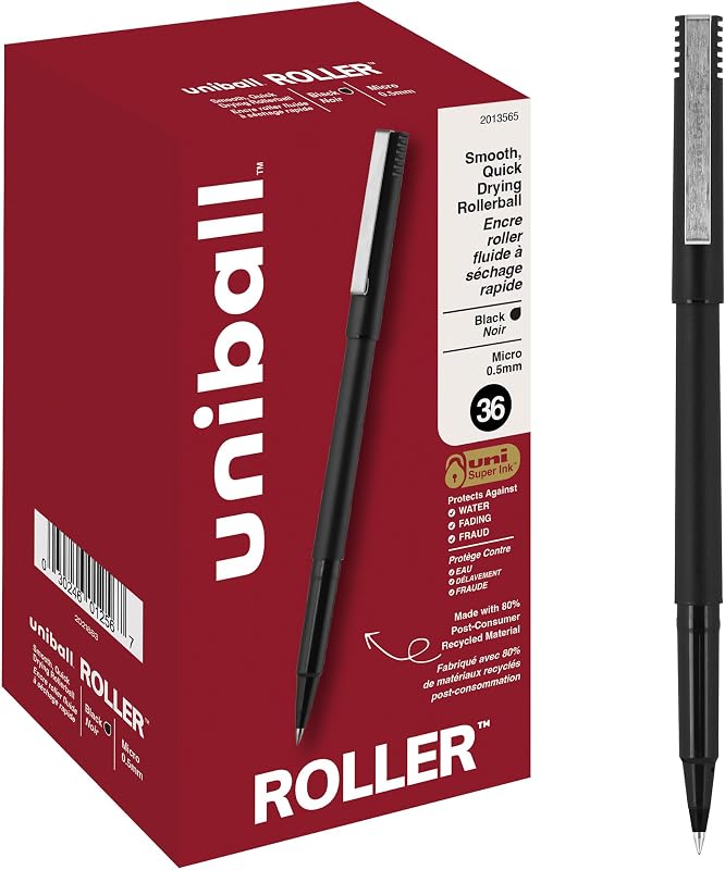 uniball™ Roller Rollerball Pens, Micro Point (0.5mm), Black, 72 Pack | Quick-drying precise strokes, acid-free archival ink, protects against water, fading & fraud, 80% recycled materials