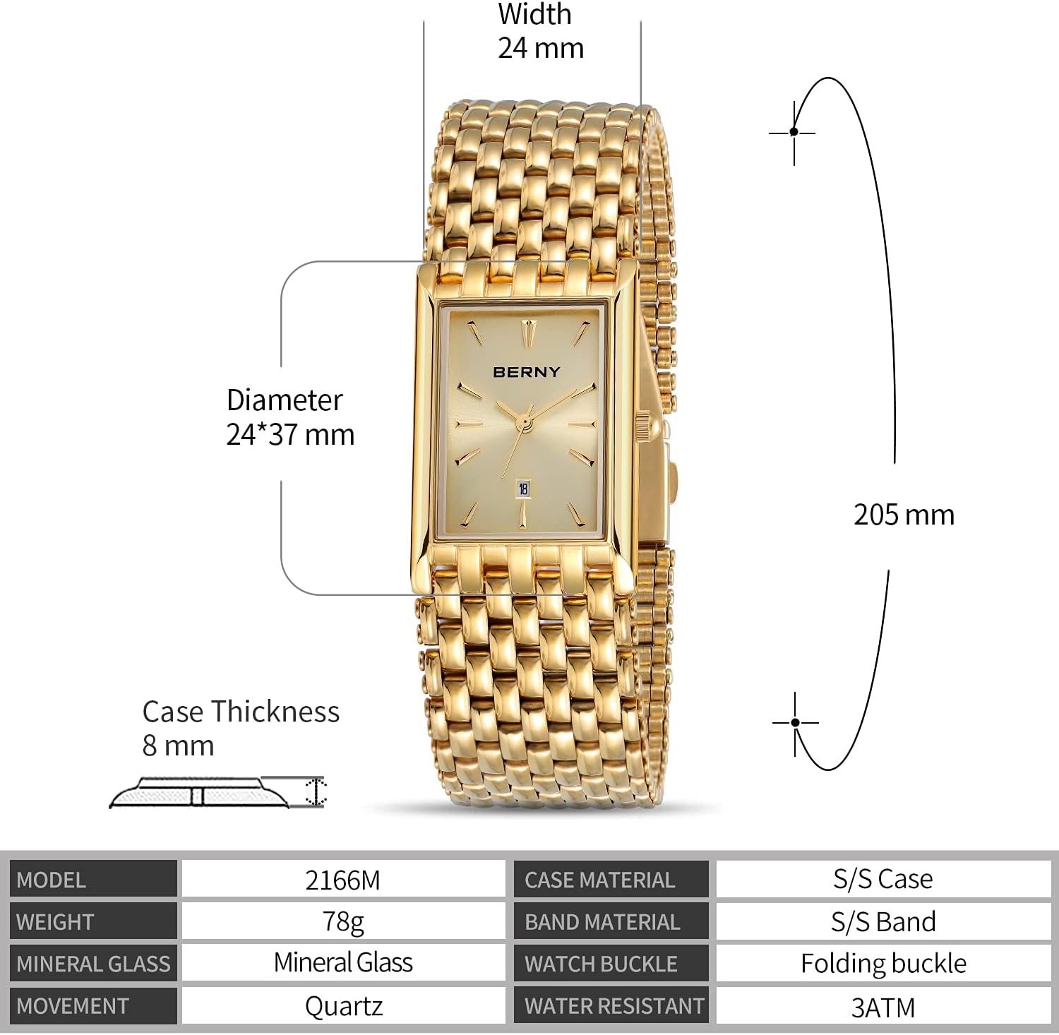 BERNY Gold Watches for Men with Date Window Japanese Quartz Movement Waterproof Men's Wrist Watches Luxury Casual Fashion Mens Watch