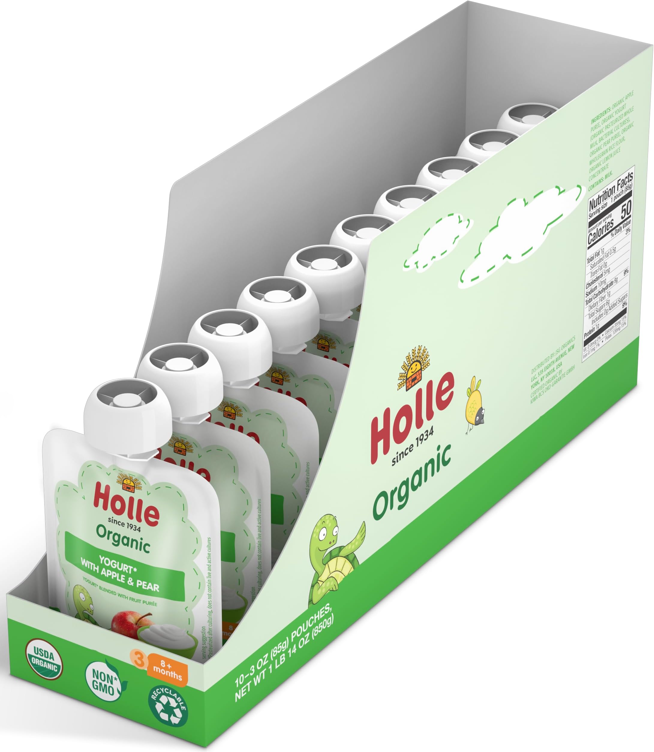 Holle Baby Yogurt Pouches - Organic Yogurt with Apple & Pear Fruit Purรฉe - Drinkable Pouches for Kids & Babies 8 Months & Up - (10 Pack) Shelf Stable, Non-Gmo with 0 Sugar Added