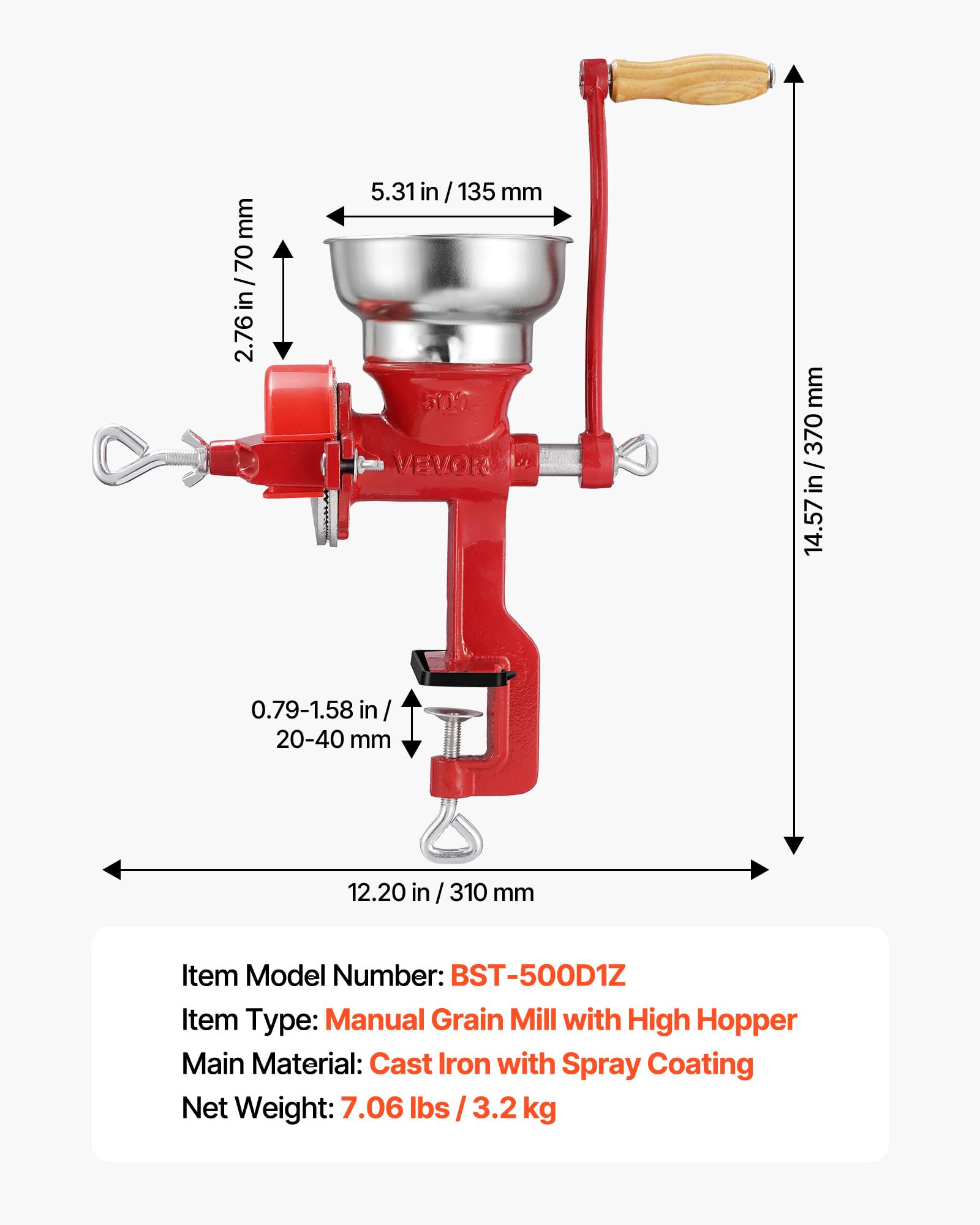 VEVOR Molinillo de Cereales Manual con Manivela y Tolva Baja de 7 cm, Molino de Granos de Hierro Fundido, con Abrazadera de Mesa Estable y Cubierta Antipolvo, para Especias, Café, Nueces, Cereales
