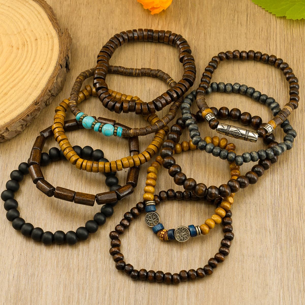Ensemble de 10 Bracelets bohèmes en Perles pour Hommes et Femmes, Style Punk, en Bois. Bijoux symboliques.