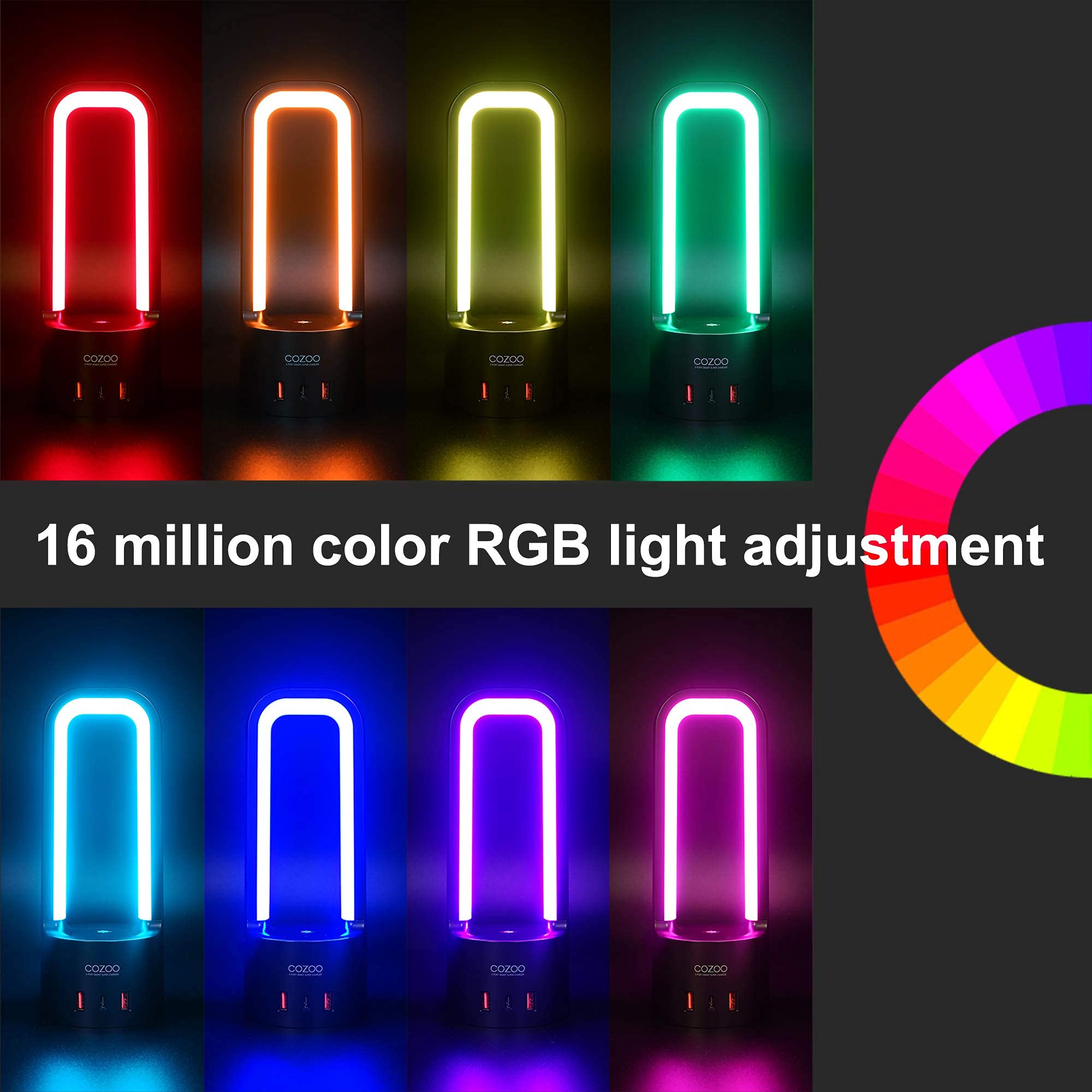 COZOO Luz nocturna RGB, lámpara táctil de mesita de noche con 2 puertos de carga USB y 1 puerto tipo C, luz LED RGB regulable de 3 vías, lámpara USB pequeña inteligente para dormitorio, sala de estar