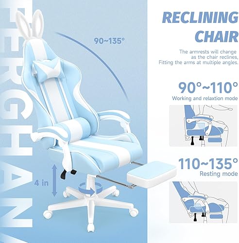 Miniatura 8 de Ferghana Kawaii - Silla de juegos azul claro con orejas de conejo, ergonómica y bonita silla para jugadores con reposapiés y masaje, silla de juegos