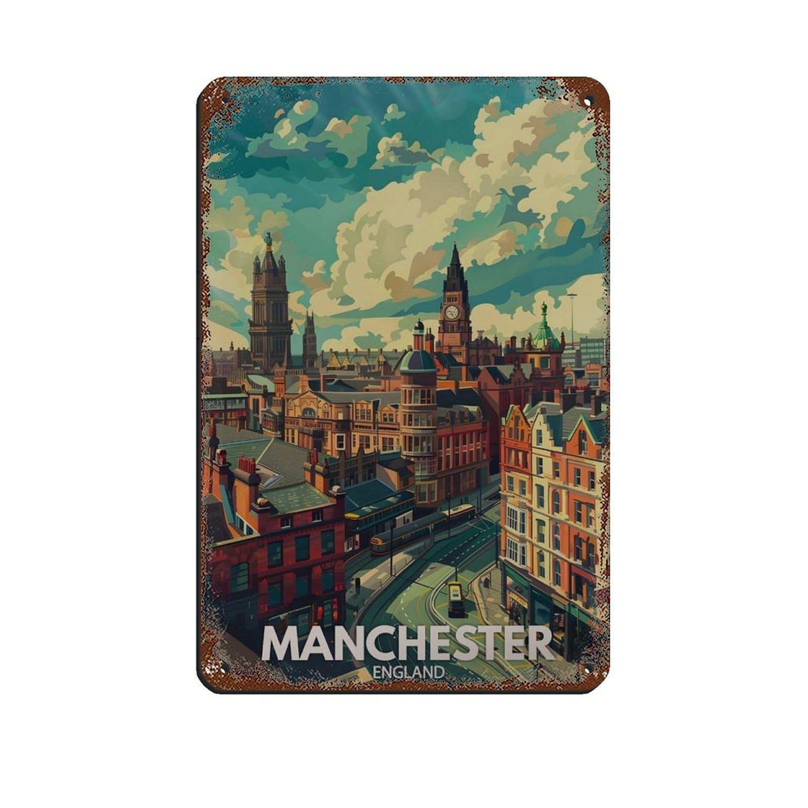 Lxwnze 20L X 30W Cm Manchester City Poster, British Travel Tin Sign Vintage Metal Pub Club Cafe Bar Home Wall Art Decoration Poster Retro 8X12inch(20X30cm)