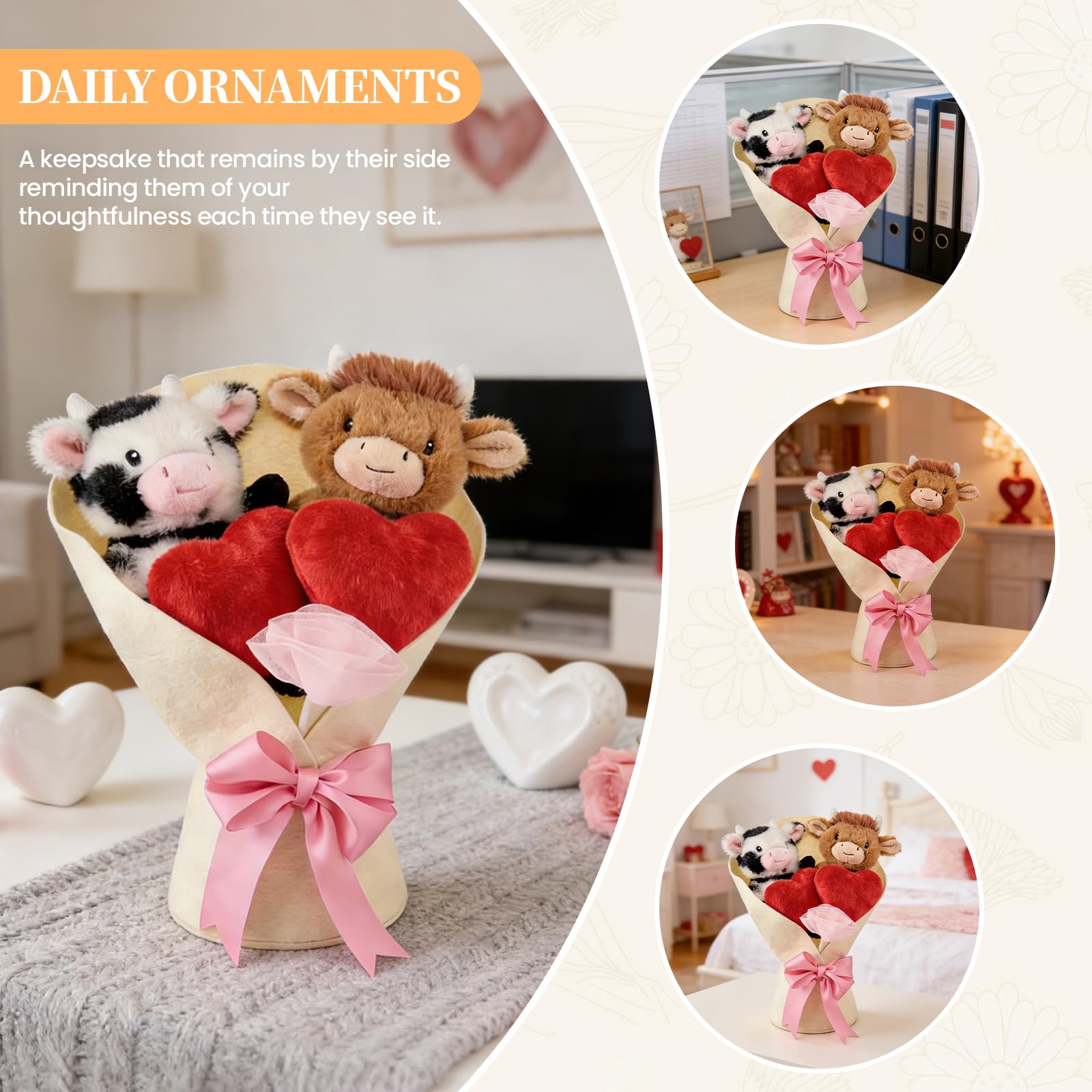 Ramo De Peluche Vaca Highland Rosa Con Corazones Y Lazo – Set De 2 Muñecos Suaves Para San Valentín Y Regalos Románticos | Decoración Acolchada Y Tierna