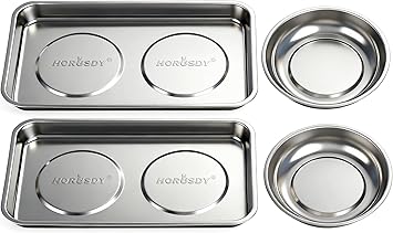 HORUSDY 4-Piece Large Magnetic Parts Tray Set, Stainless Steel Heavy Duty 9.5" W x 5.5''L Square and 4.5" Round Magnetic Trays Tools Parts Tray