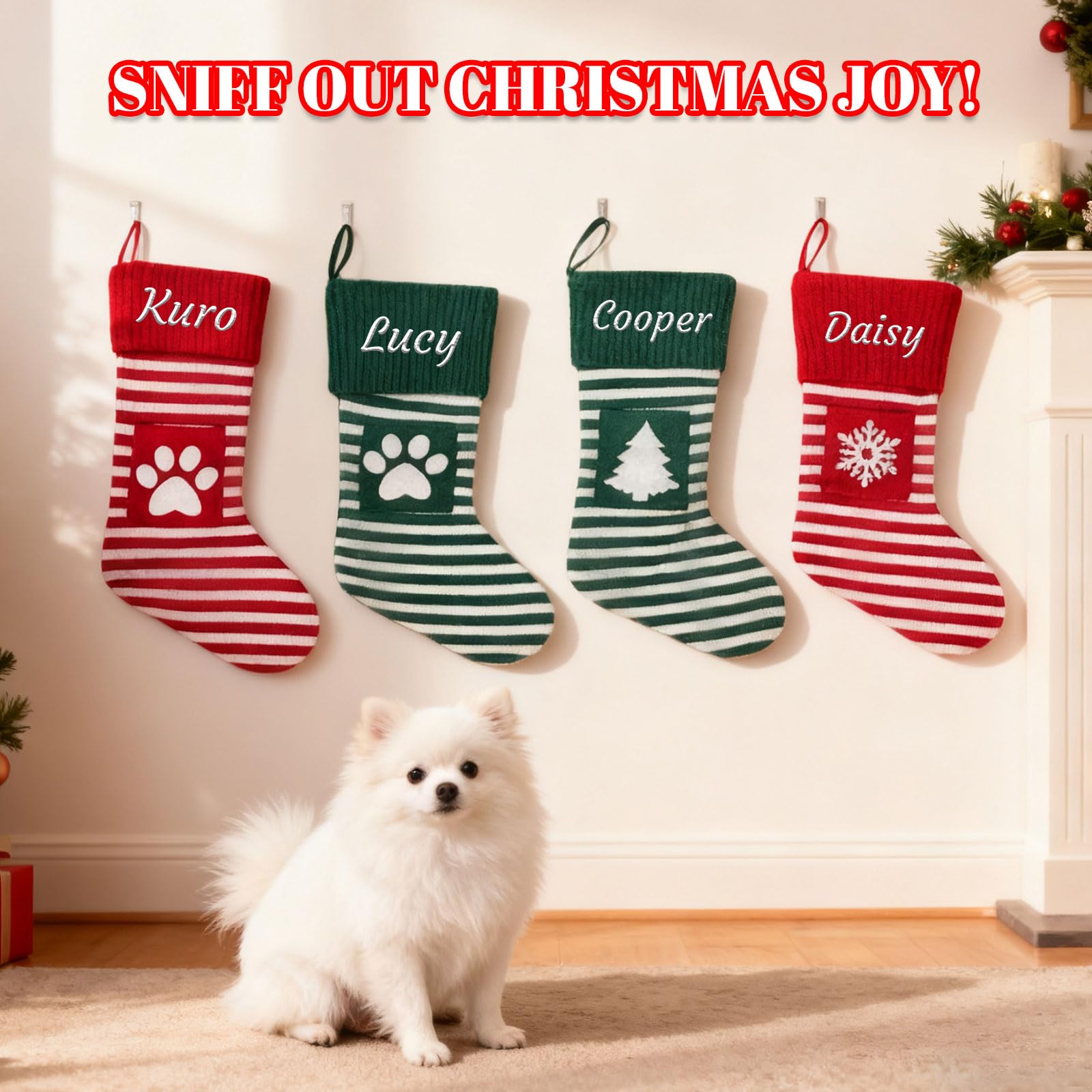 Generisch 6 PCS Personalisiert Weihnachtsstrumpf, Namensstickerei, 35 cm | Rot-Grün Gestreifter Strickstrumpf, 13.8zoll, Weihnachtsdeko für Familie & Haustiere