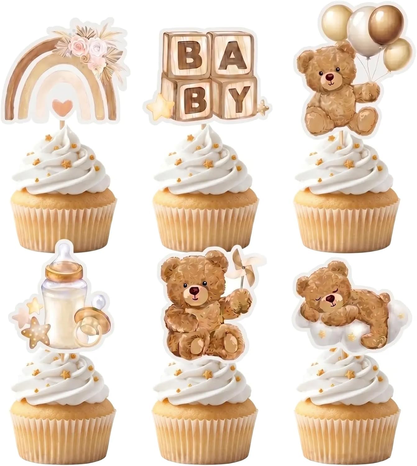 Samyosaien 24PCS Baby Shower Cupcake Toppers, Gender Reveal Cake Toppers with Cute Brown Bear, Baby Shower Cake Decorations for Birthday Party, Bear Cupcake Decorations
