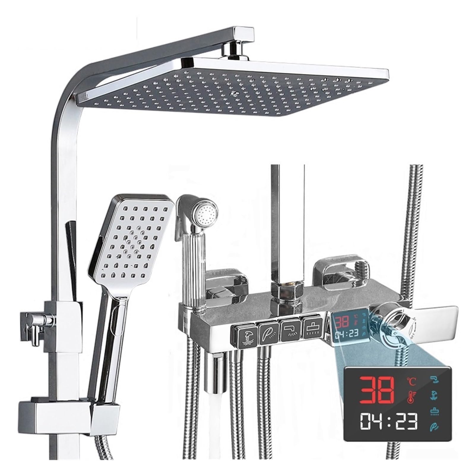 Set Doccia Digitale Cromato Rubinetto Bagno Miscelatore Caldo Freddo Pioggia Montaggio a Parete Kit Completo Rubinetto Vasca Vasca Argento Bidet di Lusso(Thermostatic)
