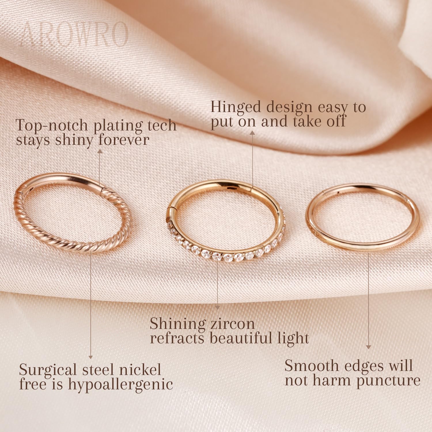 AROWRO Nose Rings Hoops 3 Pcs Conch Piercing Jewelry Surgical Steel Cartilage Earrings for Women Men 20G 18G 16G Septum Rings Helix Daith Rook Tragus Piercing Jewelry