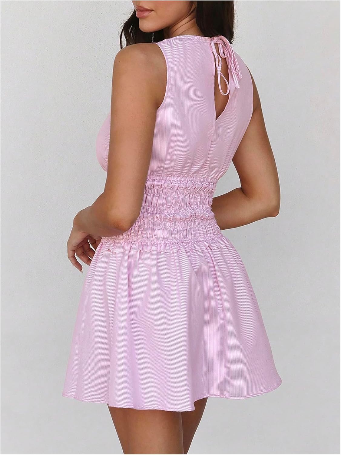 Floerns Women's Cute Striped Sleeveless Tank Dress Shirred Crew Neck Retro A Line Dresses - Image 3