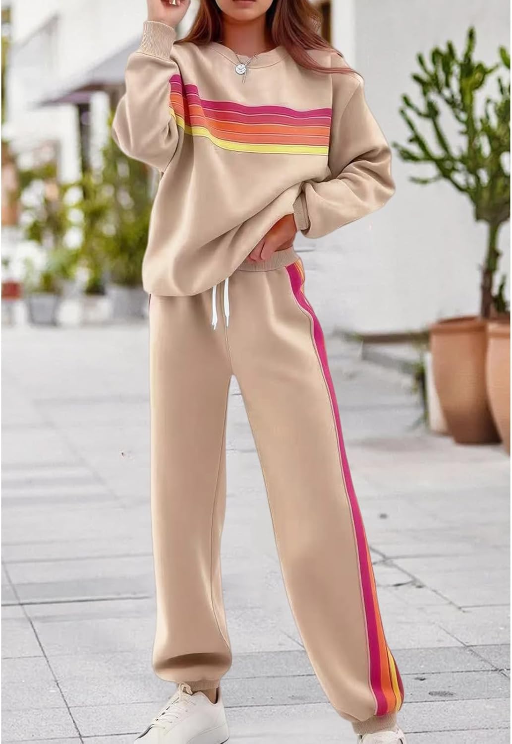 Womens 2 Piece Outfits Fashion Rainbow Striped Sweatshirt Casual Wide Leg Pants Tracksuit Sets Matching Sweatsuit - Image 3