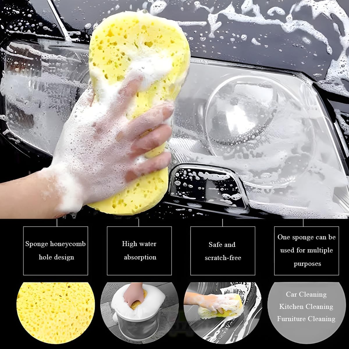 Wevdn 4 PCS Car Wash Sponges, Automotive Large Cleaning Sponges with Vacuum Compressed Packing, Multi-Purpose Washing Sponge Pad for Car Motorcycle Kitchen, Car Accessories