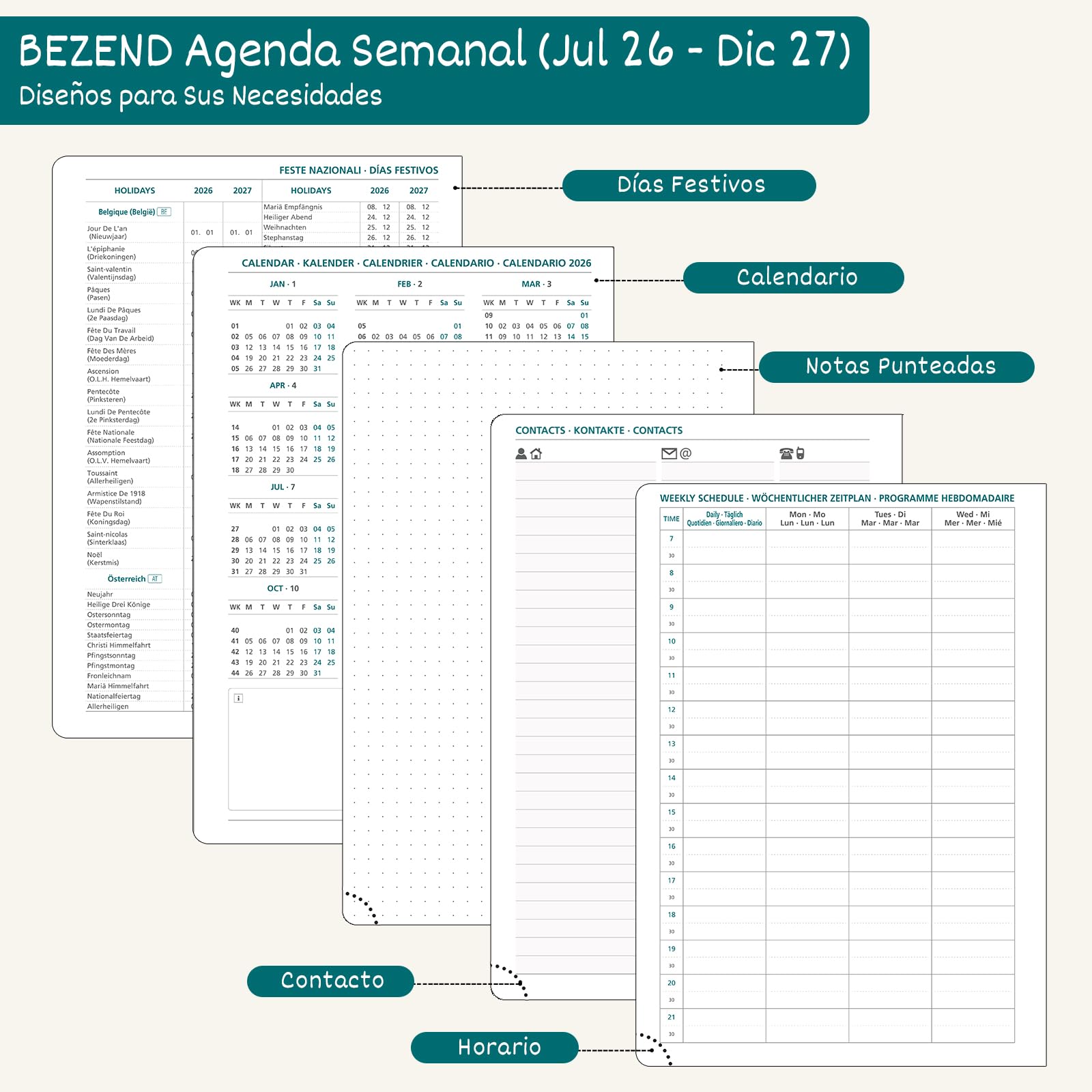 BEZEND Agenda Escolar 2026 2027 Semana Vista A5 15,5 x 21 cm, 18 Meses de Jul.26 a Dic.27, Vista Semanal con Página de Puntos, Papel de 90 GSM, Tapa Dura Cuero PU - Verde Pacífico