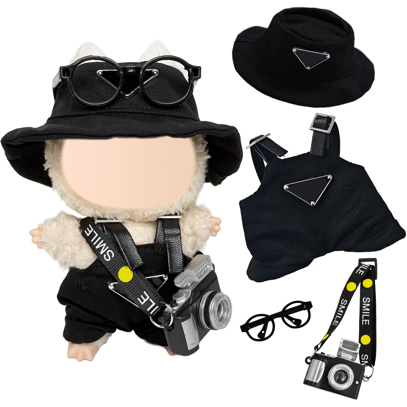 Kleidung Fur 17 cm Puppen, Overall mit verstellbaren Trägern Mütze Brille Alte Kamera für die 17 cm Mini Plüschpuppe, Nicht im Lieferumfang Enthalten Schwarz