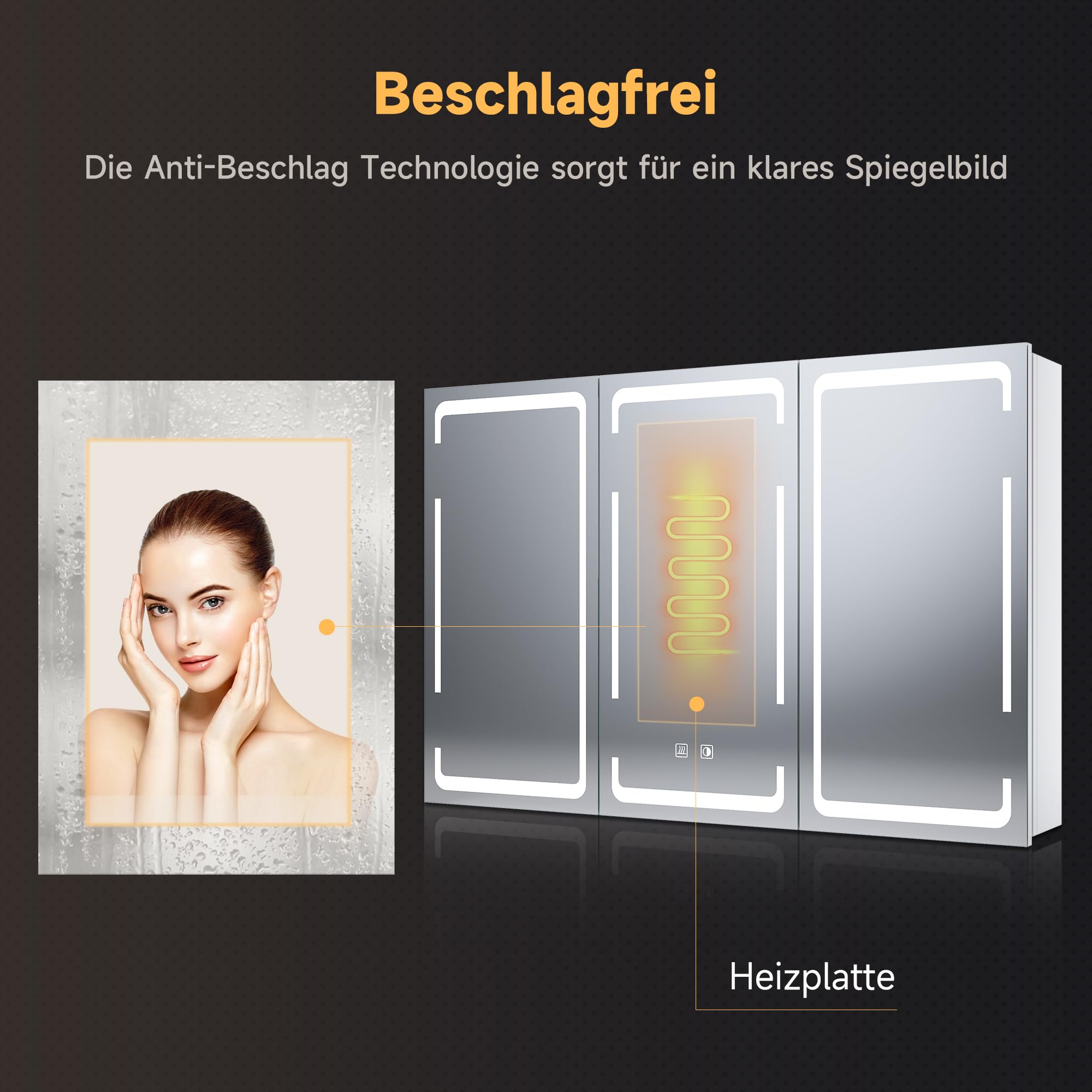 SONNI Szafka łazienkowa z lustrem LED, 90 x 60 cm, 3-drzwiowa, metalowa szafka z lustrem z przełącznikiem dotykowym, 3 kolory światła + defogging, bezprzewodowy zawias, biała, łazienka, szafka