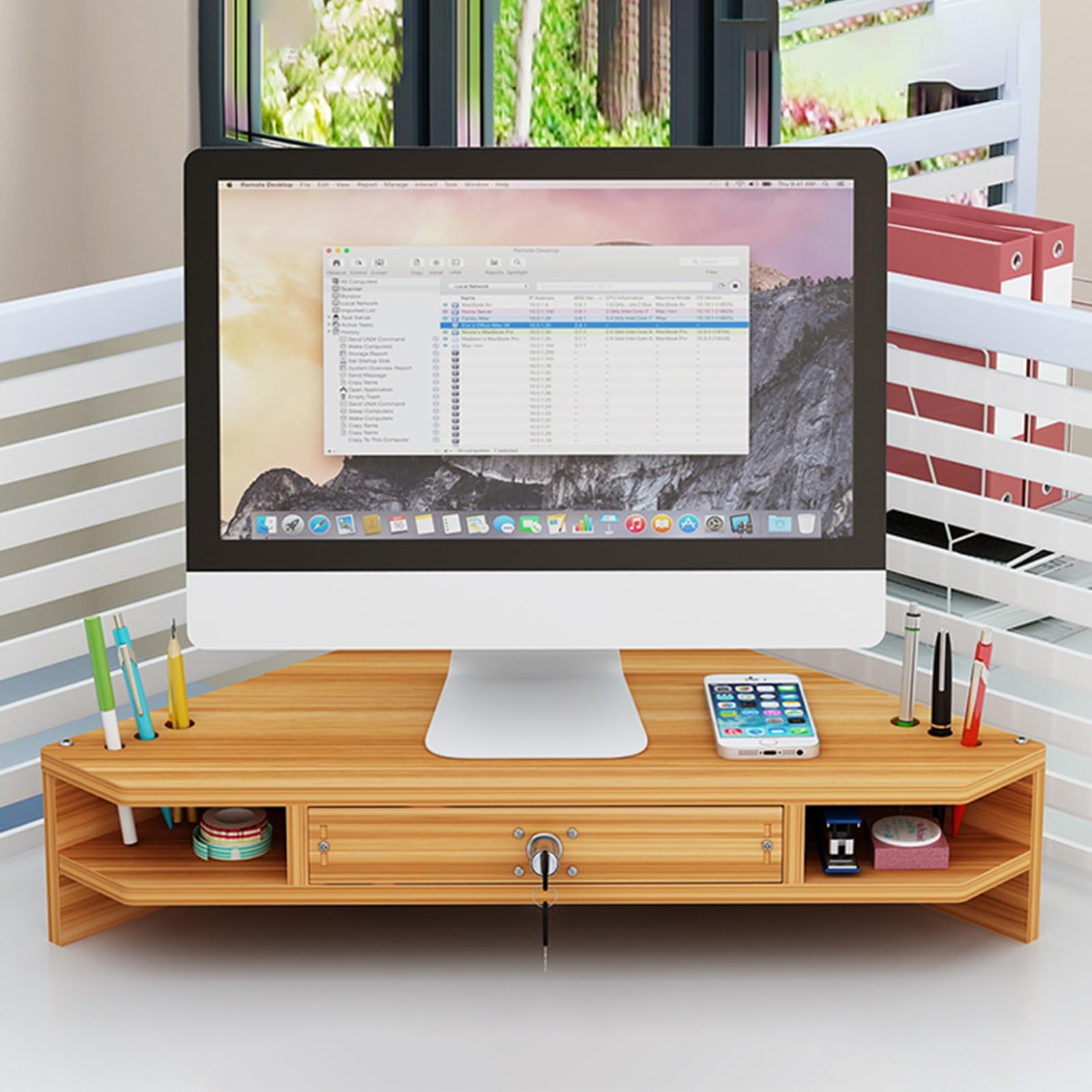 Aothia Grande supporto per monitor da scrivania con cassetto, supporto per doppio monitor per laptop/computer/TV/PC pesanti, perfetto organizzatore di scaffali per ufficio/casa, Quercia