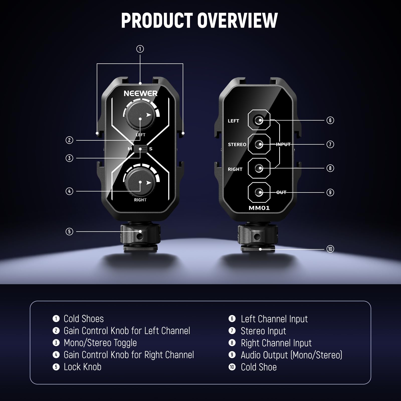 Neewer MM01 Dwukanałowy adapter miksera audio z kablem TRS 3,5 mm, przełącznikiem stereo/mono, uchwyty na zimną stopkę do aparatu DSLR, smartfonów, mikrofonów zasilanych bateriami do nagrywania wideo