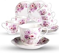 Vista 1 de GuangYang 7 oz Porcelain Tea Cups and Saucers set of 6,Purple Fancy Floral