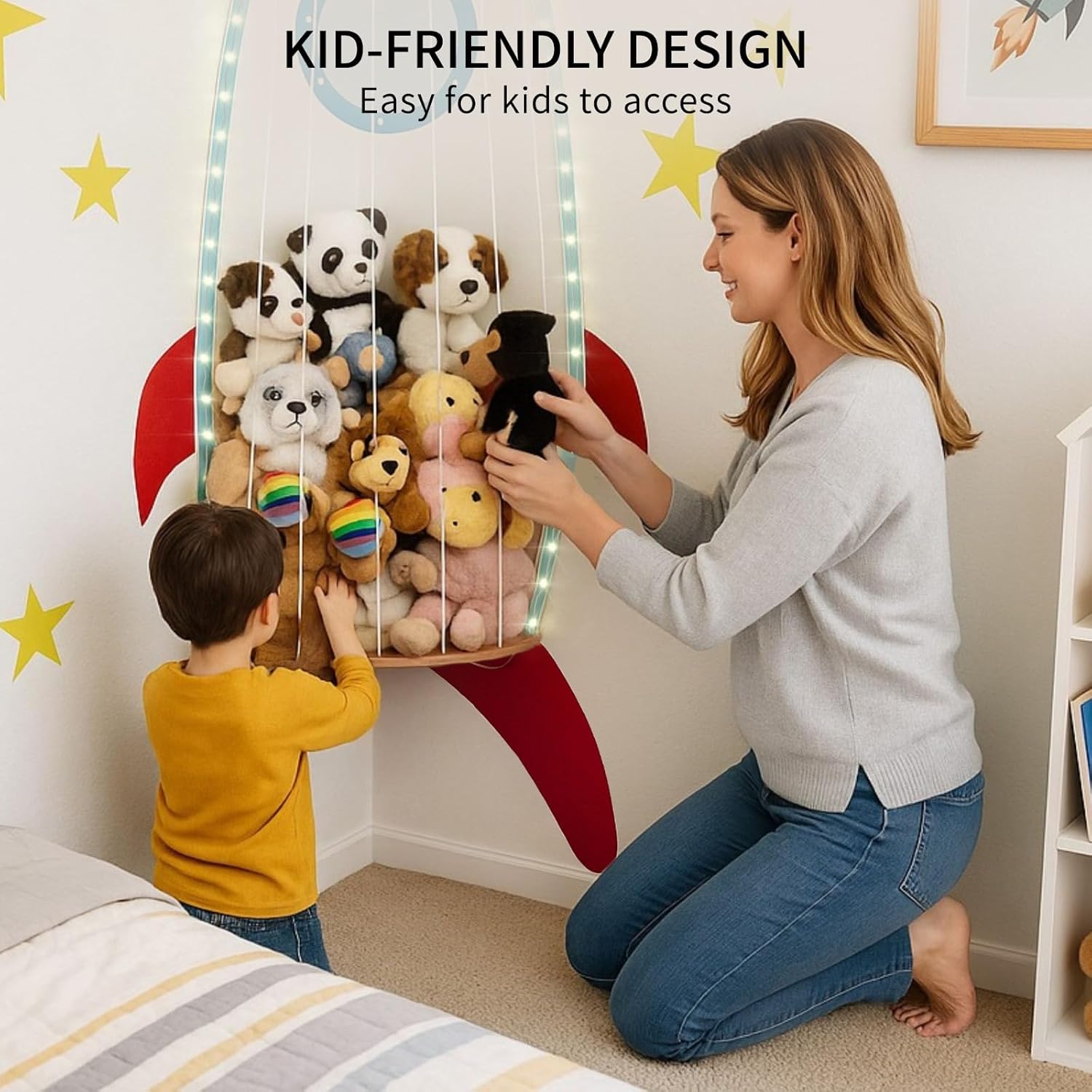 PUTSKA Nursery Furniture Hanging Organizer – Wall Mounted Stuffed Animal Storage for Baby Room, Corner Plush Collection Display & Nursery Organization System, Space-Saving Vertical Storage - Spaceship