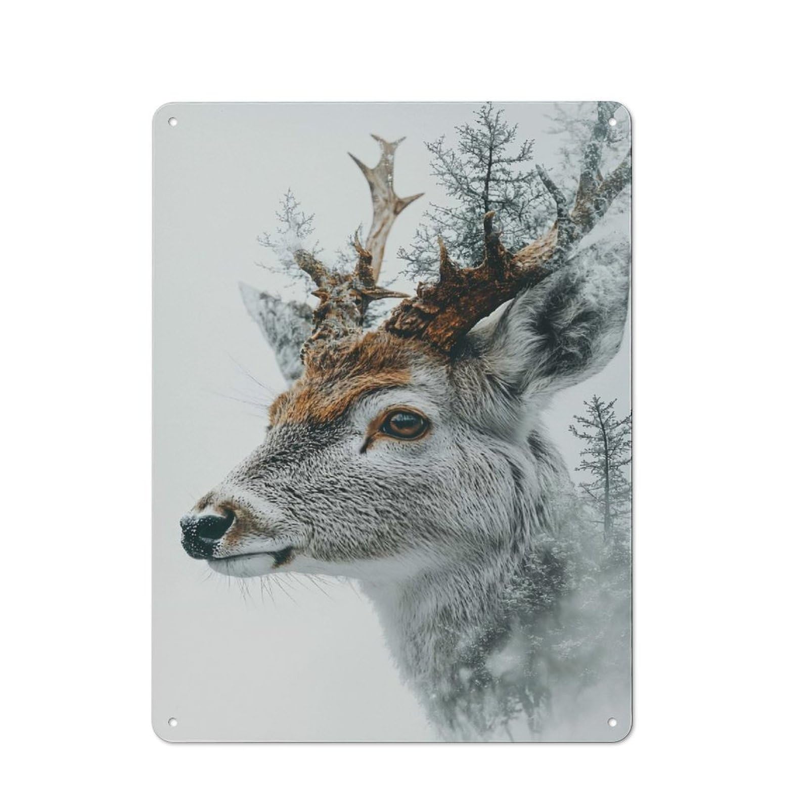 Junmoney Style-19 Vintage Metal Plaque 40X30cm Featuring Deer And Forest Double Exposure Portrait For Hallway Wall, For Wall Display Collectors