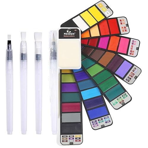 MEEDEN Travel Watercolour Paint Set: Portable 42 Assorted Water Colours Paint Kit with 4 Brushes - 42 Basic Colours