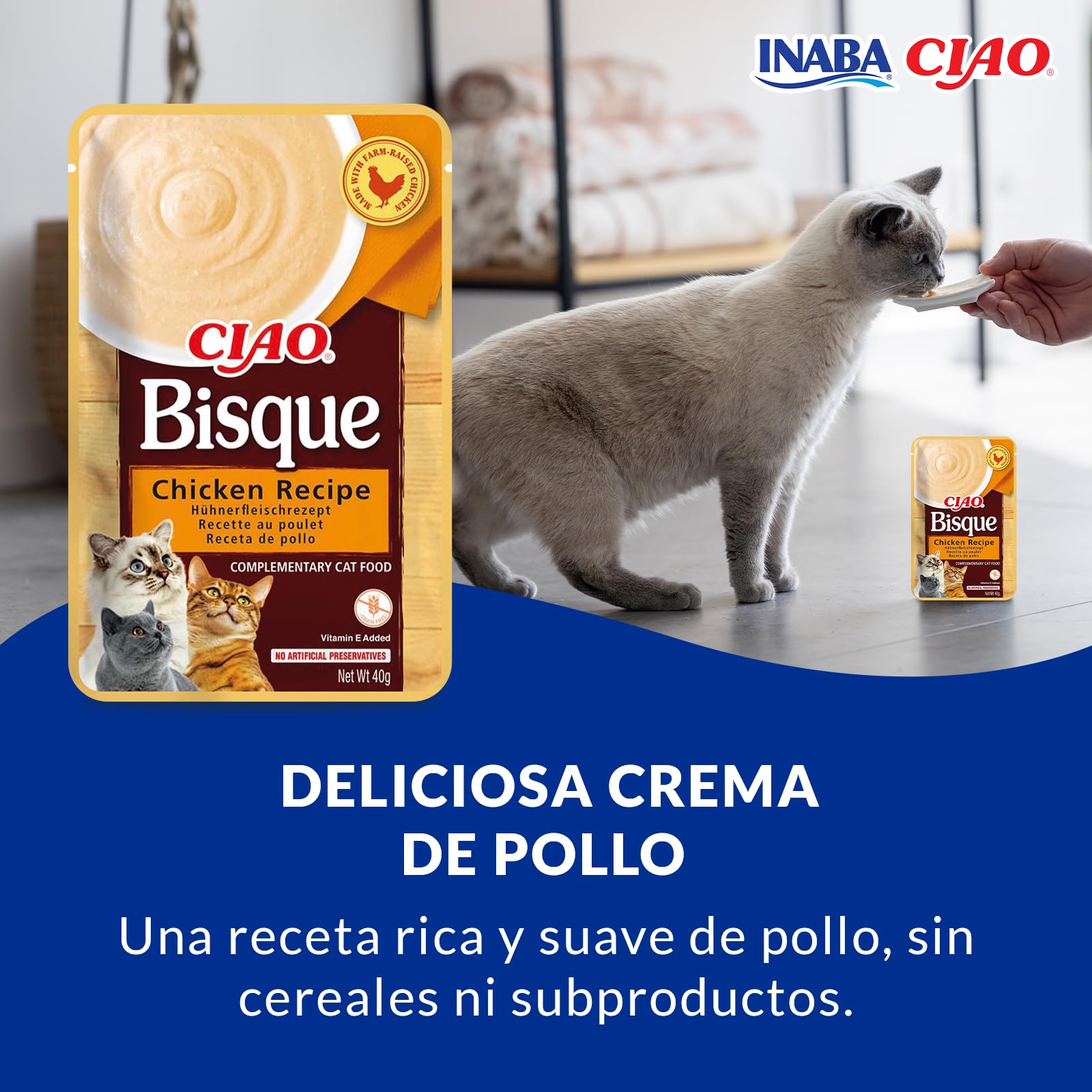 INABA Churu Gatos -Snacks de Puré - Receta de Pollo - Premios Cremosos Saludables - Sin Cereales, Conservantes, Colorantes - Sólo 16 Calorías - 480G(12x40g)