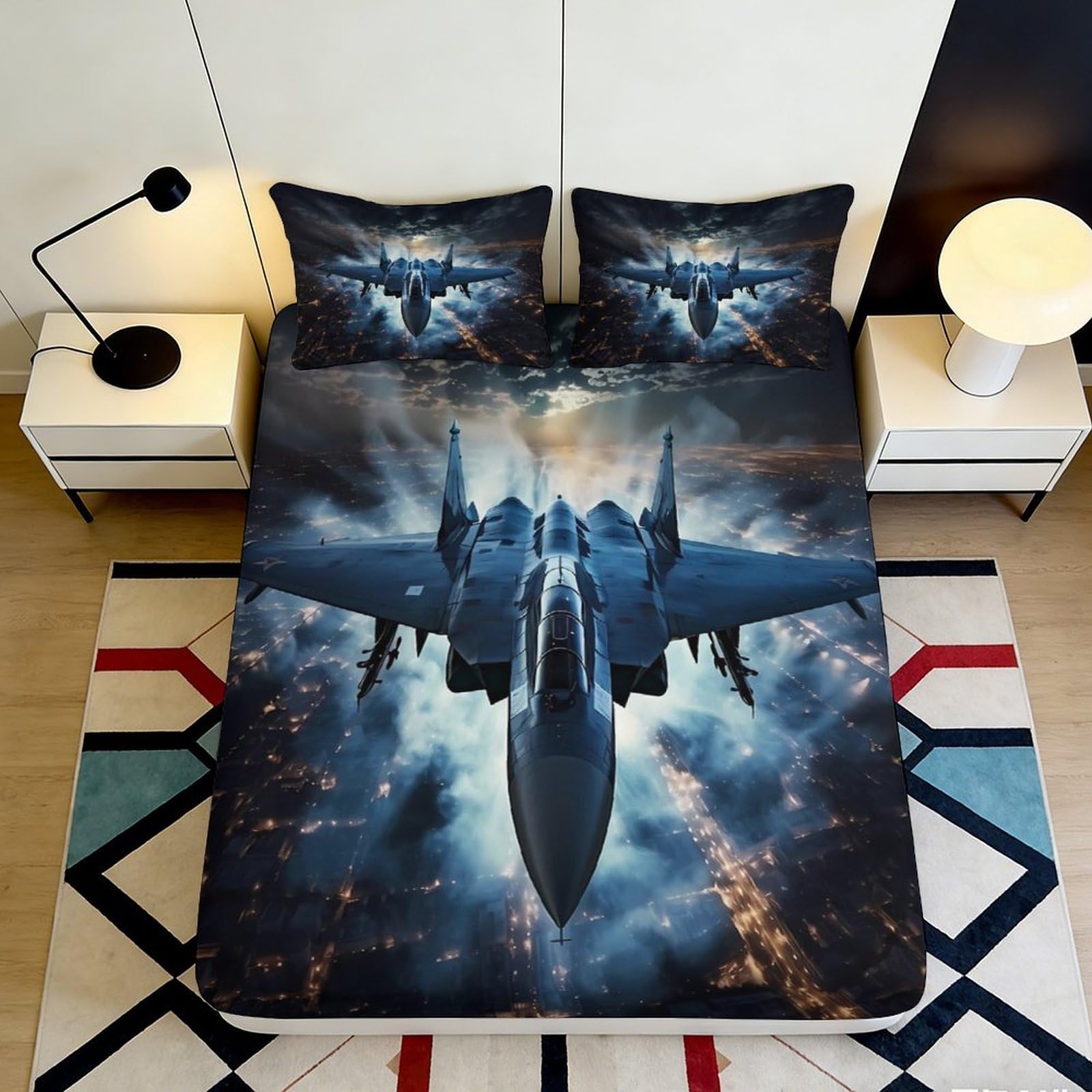 3D Printed Fighter Jet City Night Fitted Sheet Microfiber Soft Breathable Sky Battle Mattress Cover Bedroom Decor 90x200x25cm