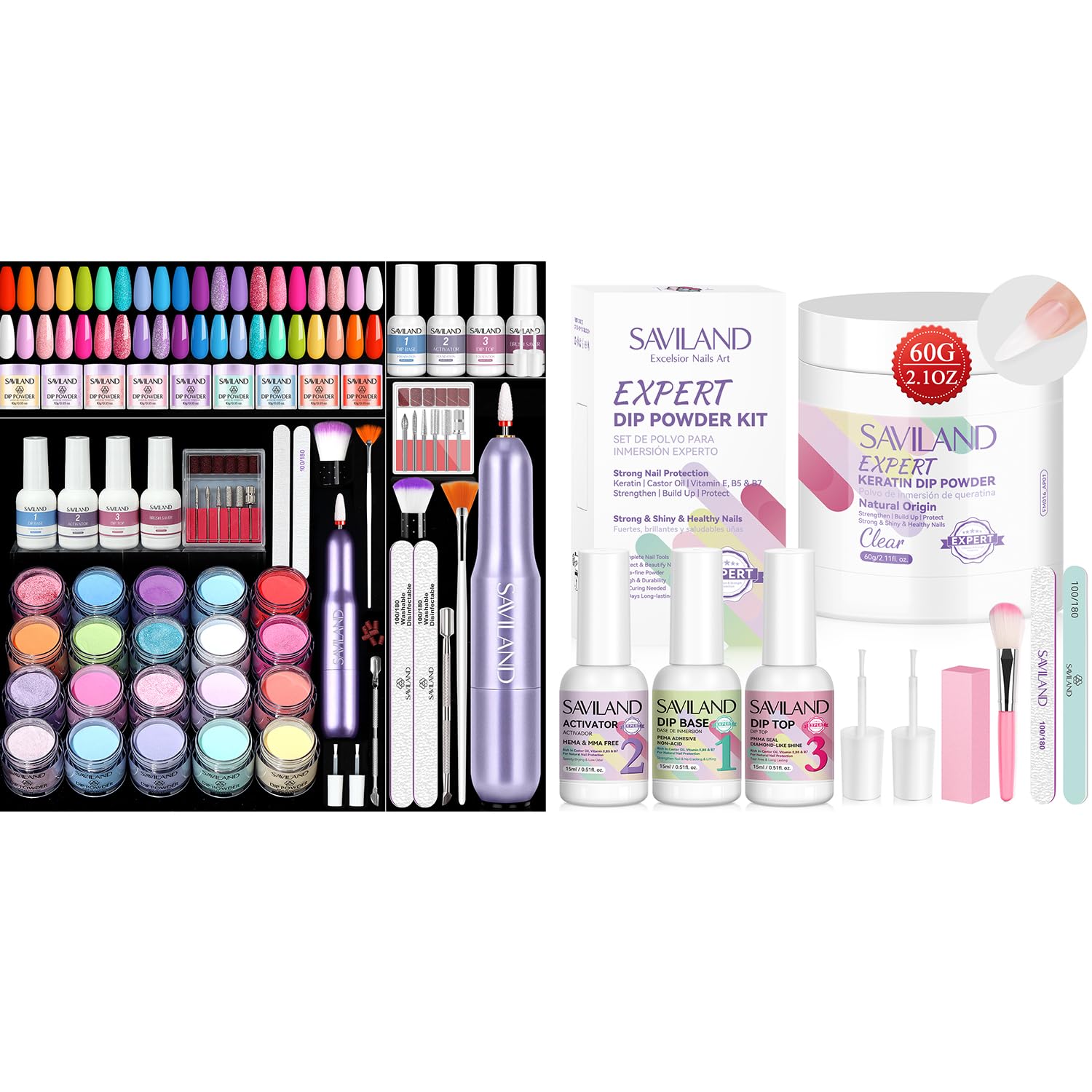 SAVILAND Dip Powder Nail Kit with Drill 20 Colors and Clear Dip Powder Kit - 20 Colors Summer Dip Nails Powder Starter Kit with Everything 60g 2.1oz Dip Powder for Nails with Dipping Powder Liquid Set