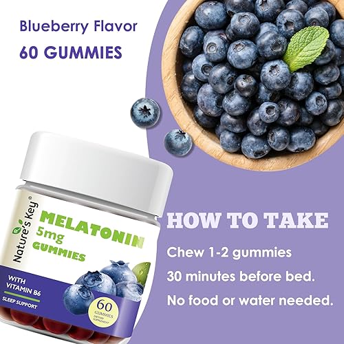 Miniatura 4 de Nature's Key Melatonin Gummies for Kids & Adults, 5mg Dose Gummy with Vitamin B6, Non-GMO,Gluten-Free-Natural Blueberry Flavor 60 Count