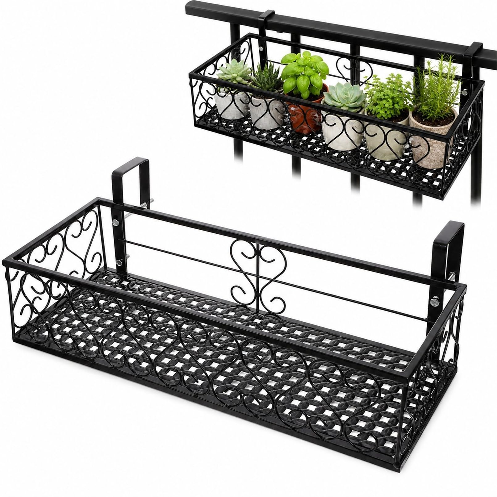 Cabilock Support de pot de fleurs à suspendre en fer - Support pour plantes en pot - Support pour balcon, porche, clôture - Noir - 50 x 20 x 12 cm