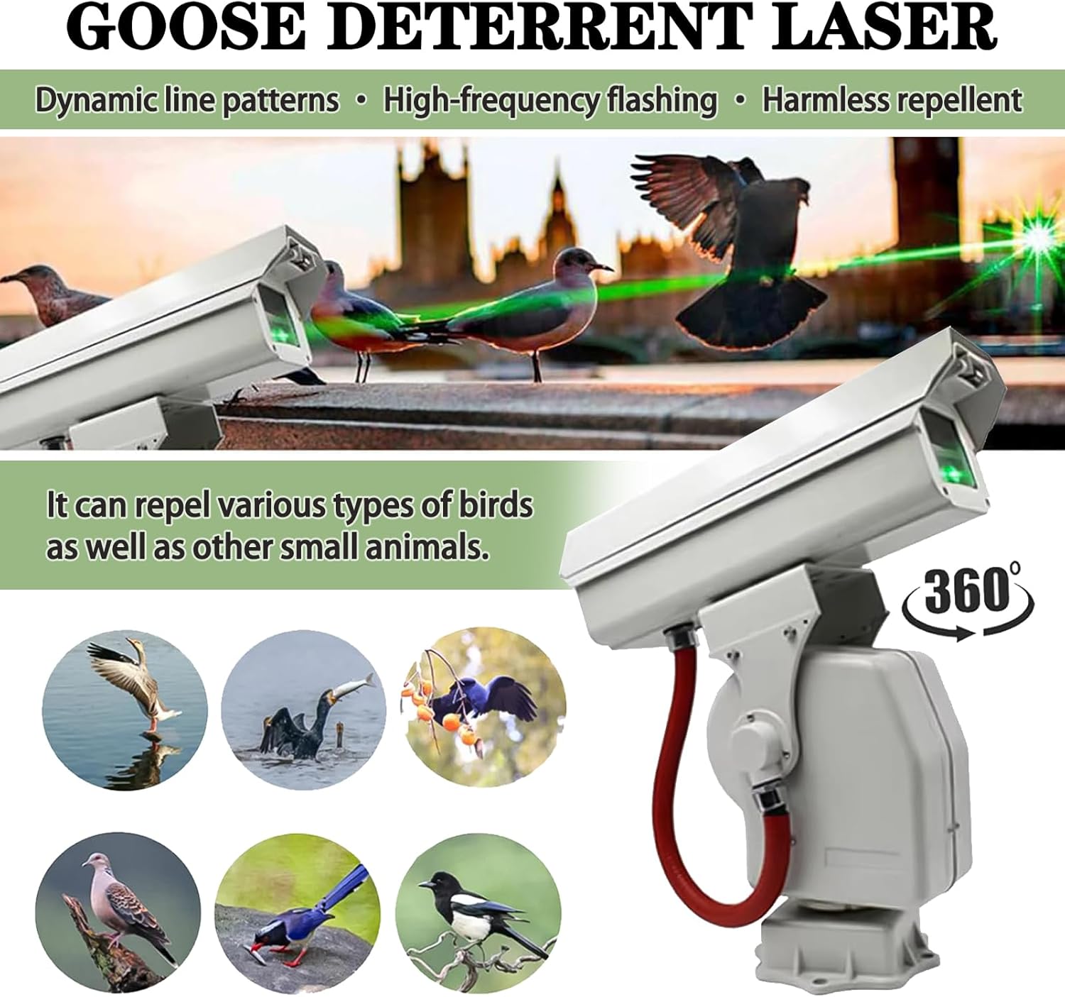 Automatic Bird Scarer with 360° Rotation and Adjustable Trajectory, Bird Deterrent Device with Remote Control, IP66 Waterproof for Orchards, Farmland and Outdoor Areas B