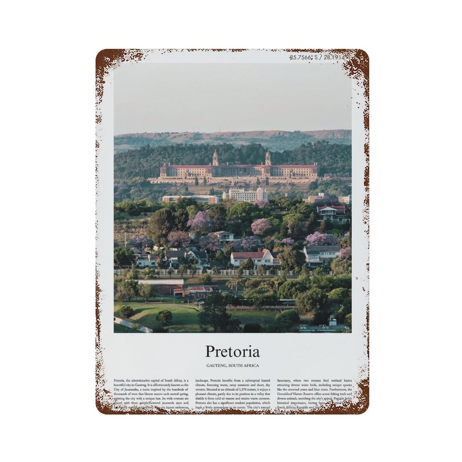 xiaoxiaoshen Pretoria Gauteng, South Africa City Scenery Wall Decor Art Metal Tin Poster Modern Home Decor Art Home Bar Shop Decorations Vintage Sign 40x30cm