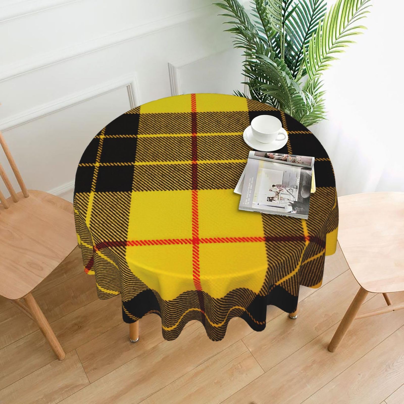 SDEGTHO Yellow Gray Black Plaid Print Modern Retro Round Tablecloth 60in Polyester Fabric Cover for Party Dining Table Washable